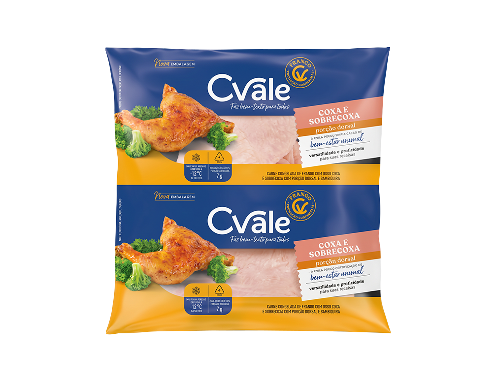 COXAS E SOBRECOXAS DE FRANGO CONGELADAS COM OSSO C.VALE (CX 18 KG)